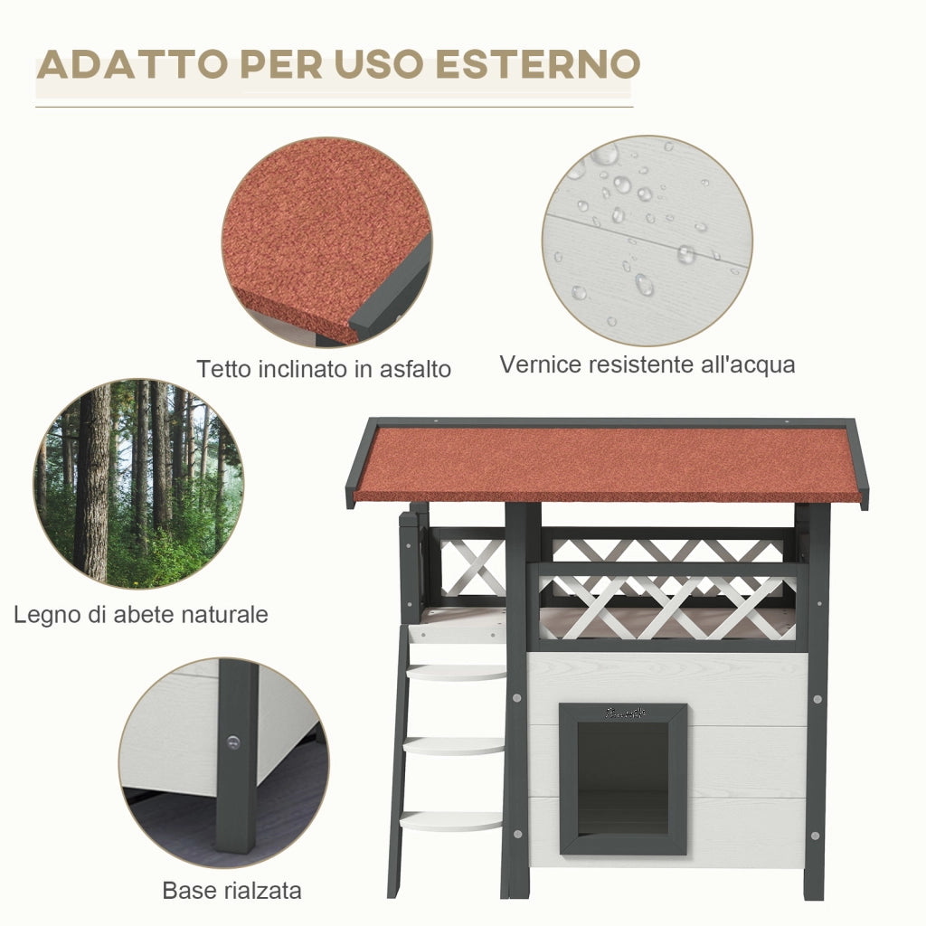 Casetta per Gatti da Esterno con Terrazza e Scaletta in Legno, 77x50x73cm, Bianco e Grigio