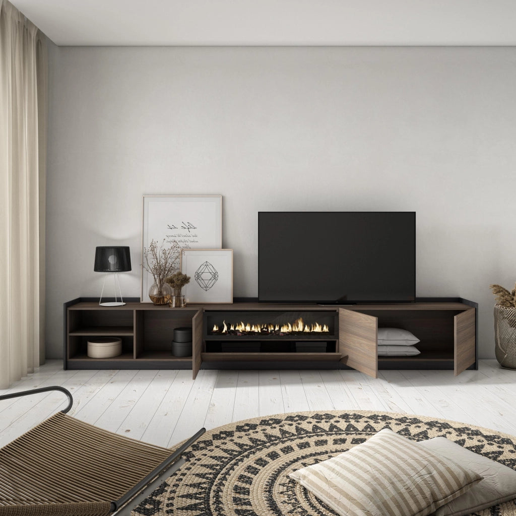 Mobile TV Soggiorno, 310x50x37 cm, Per TV fino a 80", Camino elettrico, Rovere scuro e Nero