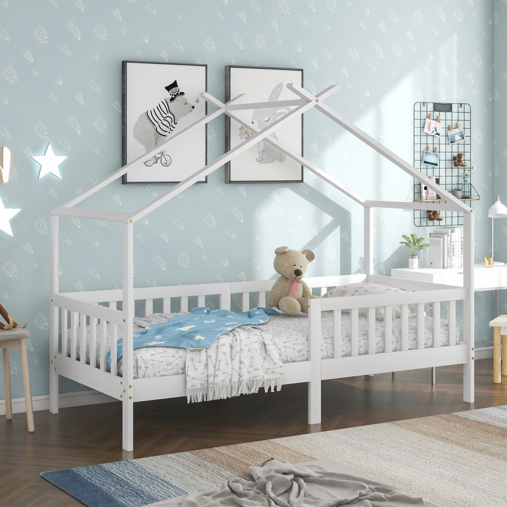 Letto Casetta 200 x 90 cm con Sponda e Rete a Doghe; in Legno Massello; Bianco