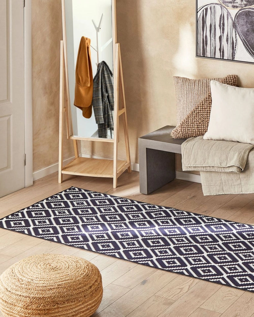 Tappeto passatoia in poliestere bianco e nero 80 x 240 cm decorazioni moderne per soggiorno e camera da letto