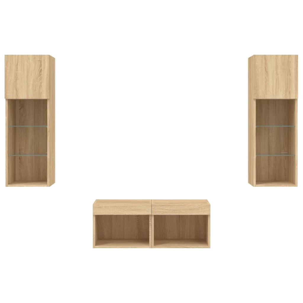 Mobile TV multimediale mensola TV credenza mobile TV sala da pranzo soggiorno parete attrezzata per camera da letto x 4 pezzi con luci LED rovere marrone Sonoma 02_0028223