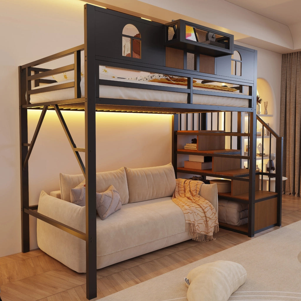 Letto a soppalco in metallo 90x200 cm con scala contenitore e luce; nero