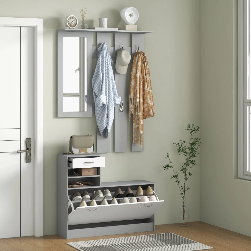 Mobile Guardaroba per Ingresso con Specchio Appendiabiti e Scarpiera Regolabile 90x24x177 cm Bianco e Grigio