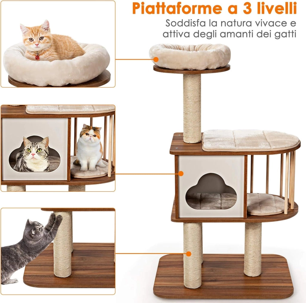 Tiragraffi per Gatti Adulti Con Cuccia, Piattaforma, Cuscini e Albero Alto in Legno, 68 x 48 x 117 cm