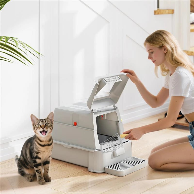 LETTIERA PER GATTI CHIUSA DA 80L CON VASSOIO ESTRAIBILE, IN ABS E ACCIAIO INOX, 63X43X43 CM, GRIGIO CHIARO