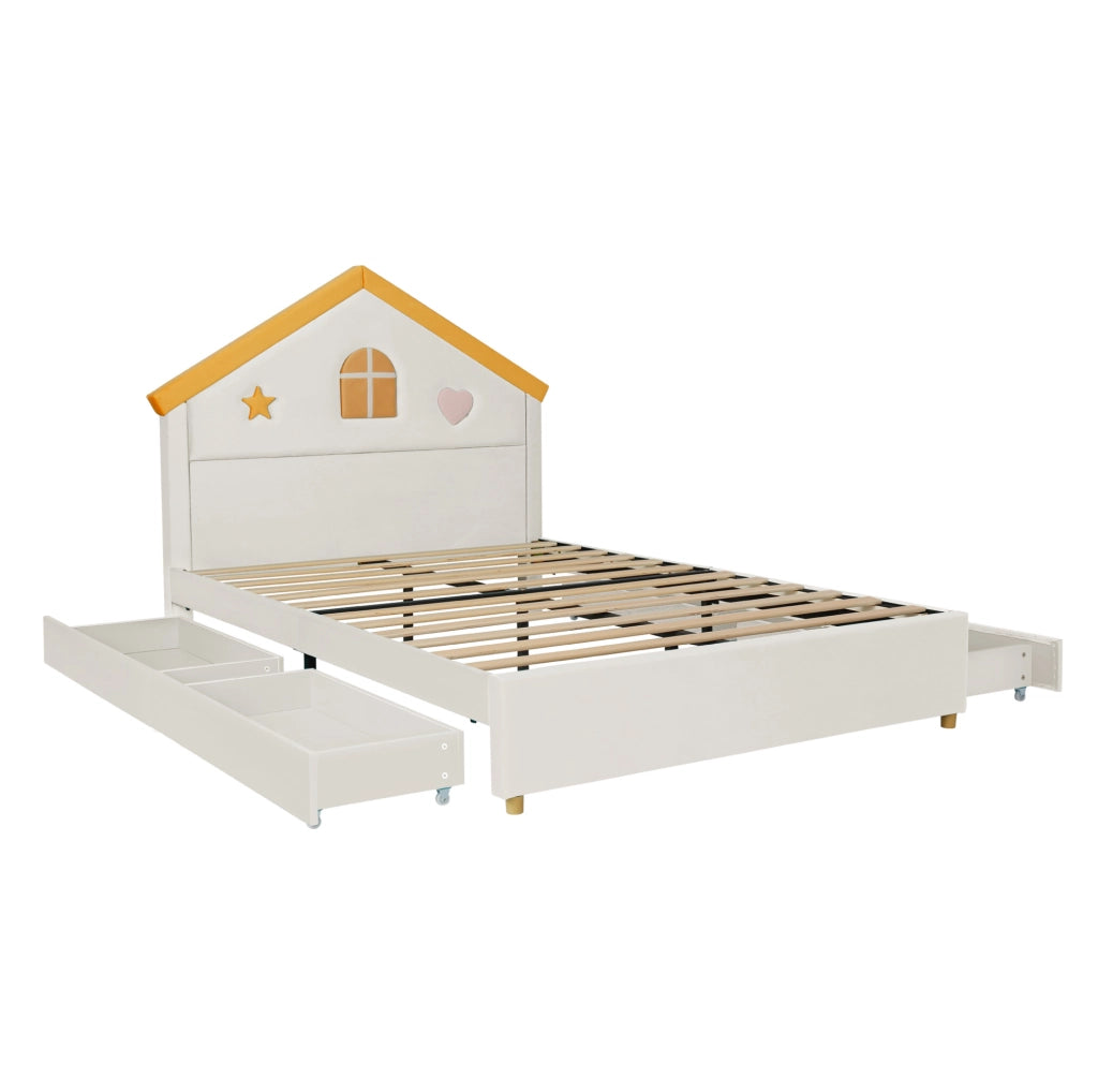 Letto per bambini 140x200 cm imbottito beige con 4 cassetti e testiera a casetta HAVRYA