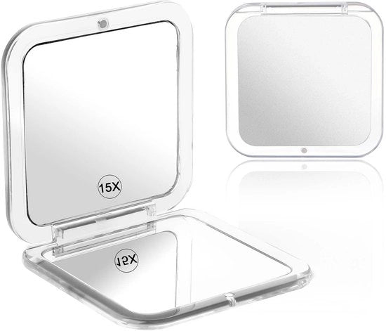 Specchio da trucco pieghevole - Compatta e trasportabile - Grigio - Ingrandimento 1x/15x - Ideale per viaggi - Piccolo specchietto da tasca