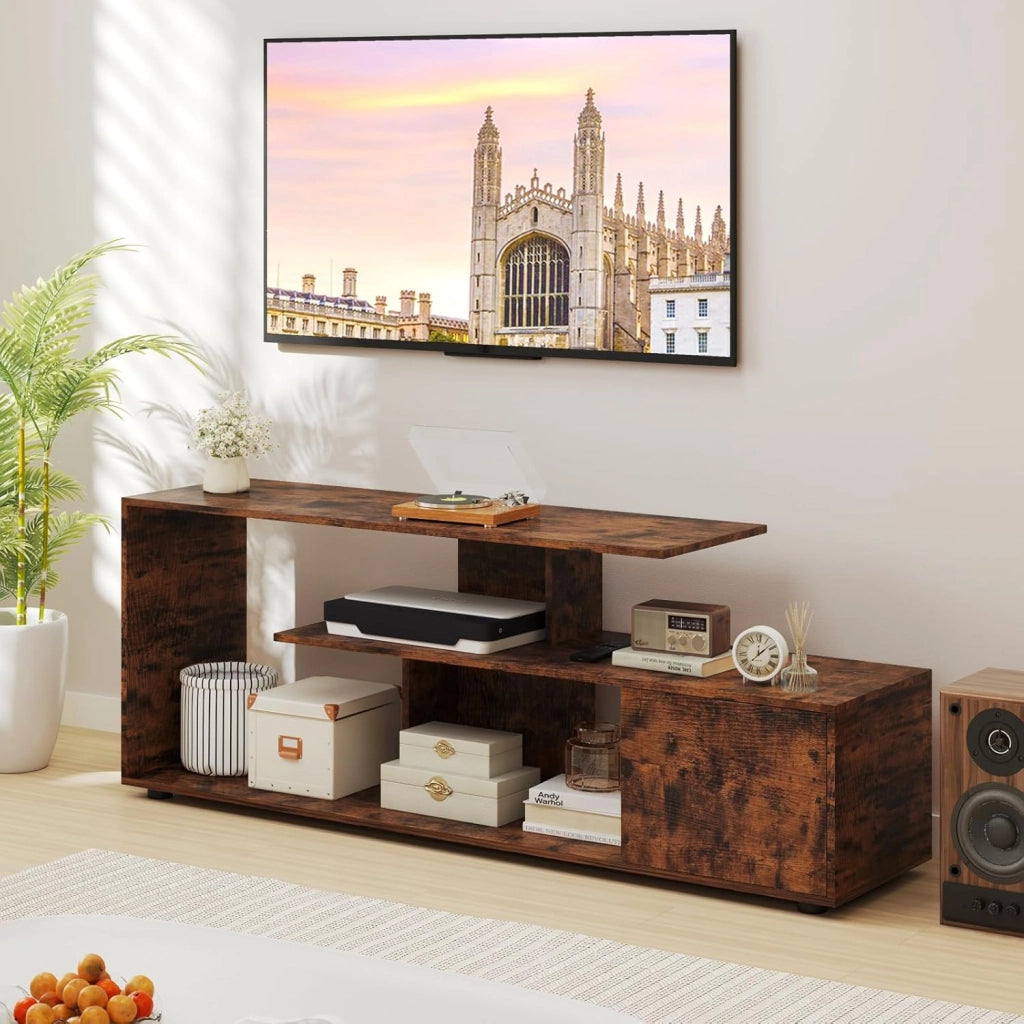 Mobile Porta TV, per TV Fino a 55'', Console Media a 3 Ripiani Asimmetrici con Ripiani di Stoccaggio e Armadietto, Mobile TV con Cassetto, 5 Gambe di Supporto (Industriale)