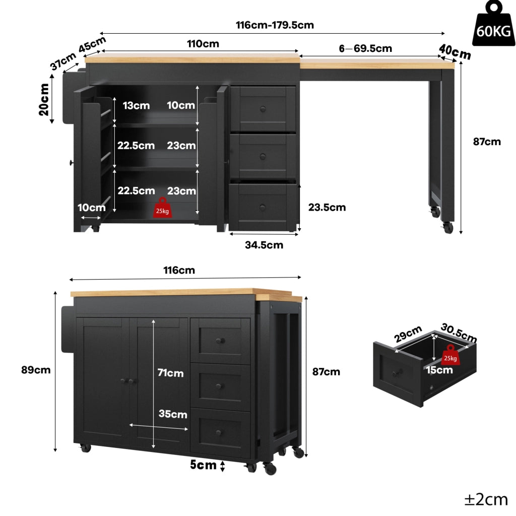Isola da cucina mobile estensibile nera con 3 cassetti