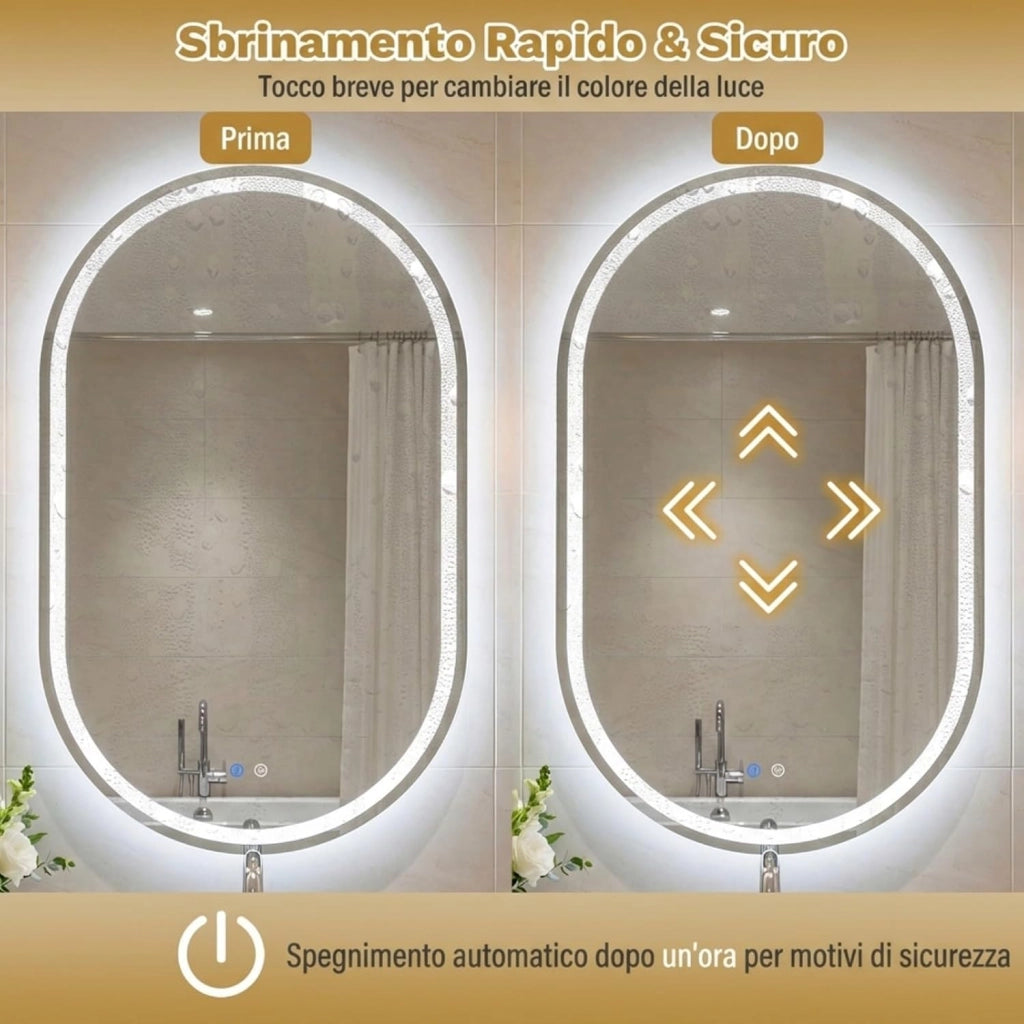 Specchio Bagno con Luce 90 x 55 cm, Specchio Ovale da Parete in Vetro Temperato IP44 con 3 Colori Dimmerabile, Antiappannamento, Memoria, Orizzontale/Verticale (90 x 55 cm, Modello 2)