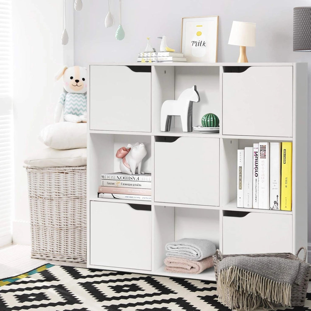 Armadietto Libreria a 3 Livelli, con 6/9 Scomparti, 3/5 Ante, Mobiletto Portalibri Moderno, Multiuso e Salvaspazio, Ideale per Soggiorno, Studio, Ufficio, Camera (Bianco, 90x29x90 cm)