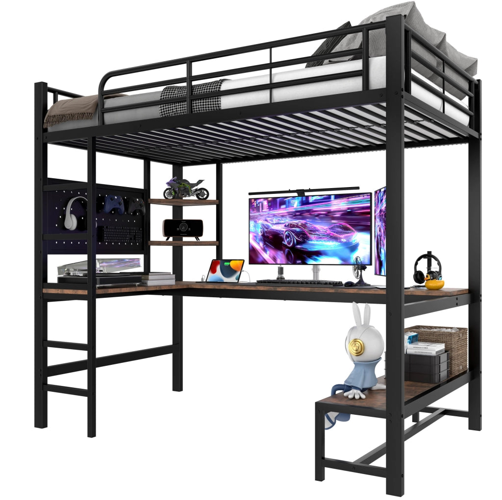 Letto a soppalco 90x200 cm con scrivania e LED; metallo; nero (Senza materasso)