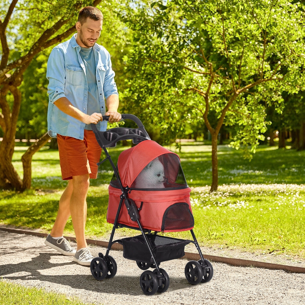 Carrello pieghevole per animali con quattro doppie ruote freno posteriore in tessuto oxford rosso 67 × 45 × 96 cm