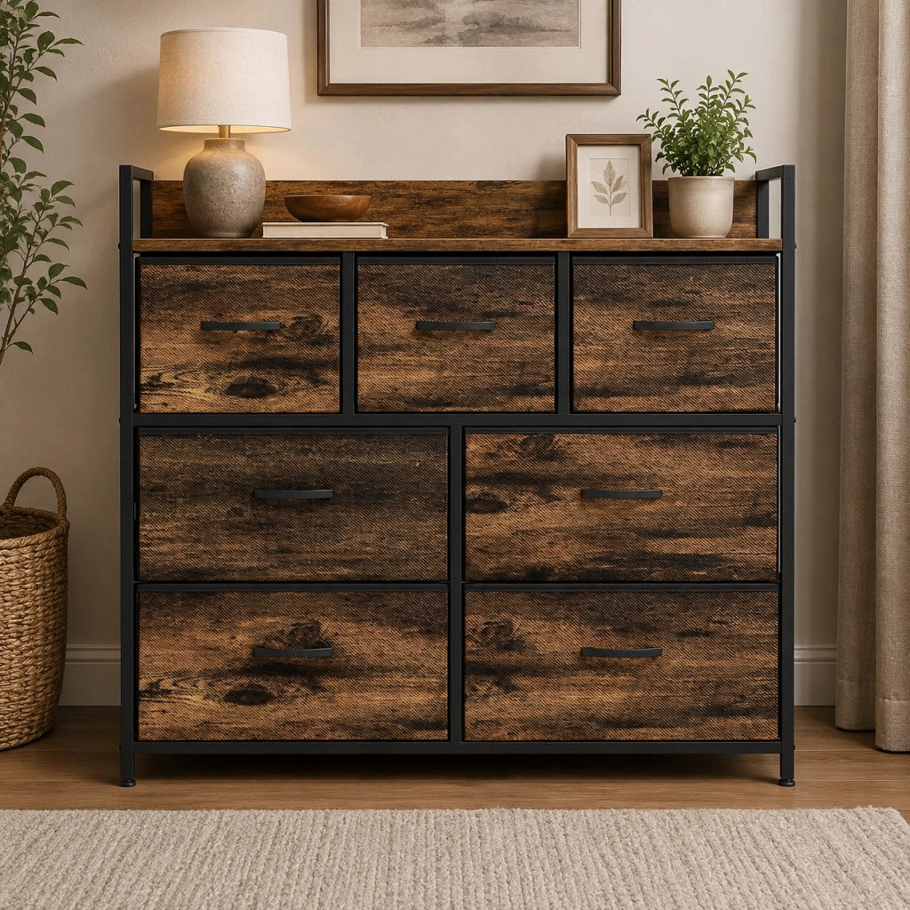 Cassettiera 98x29x85 cm con 7 cassetti pieghevoli; struttura in acciaio; poliestere marrone