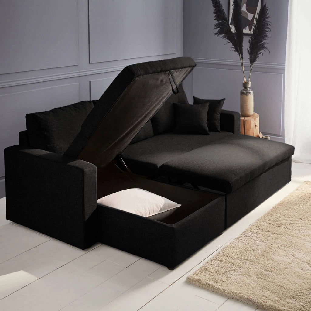 Divano letto angolare reversibile con contenitore, 3 posti, nero