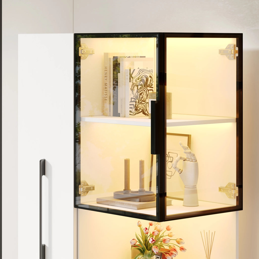Vetrina alta in MDF e vetro 70×38×160 cm con ripiani estraibili, LED multicolore e protezione antiribaltamento, colore bianco