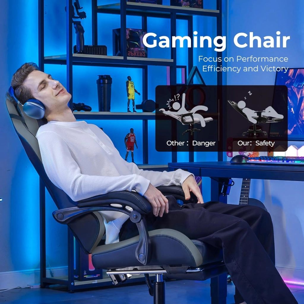 Sedia da Gaming Ufficio Ergonomica, Sedia da Gioco con Poggiapiedi, Poggiatesta e Supporto Lombare Regolabili, Poltrona da Gaming, Grigio