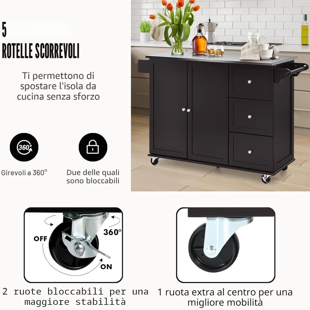 Isola da Cucina Mobile con Piano di Lavoro in Acciaio Inox, Carrello da Cucina con 3 Cassetti & Porta Asciugamani & Ripiano Regolabile, Armadio da Cucina su Ruote, Carrello da Cucina 135 x