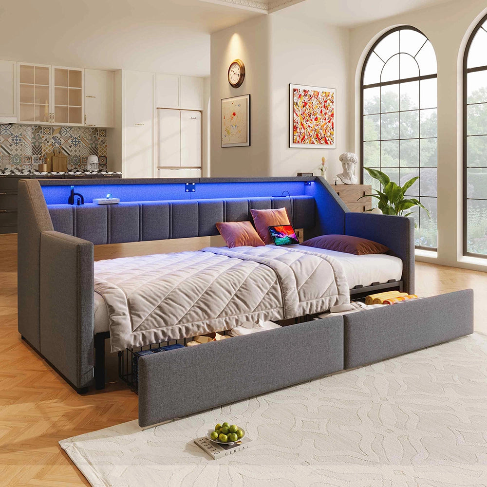 Daybed - Xylo - 90x200 cm LED USB 2 cassetti grigio