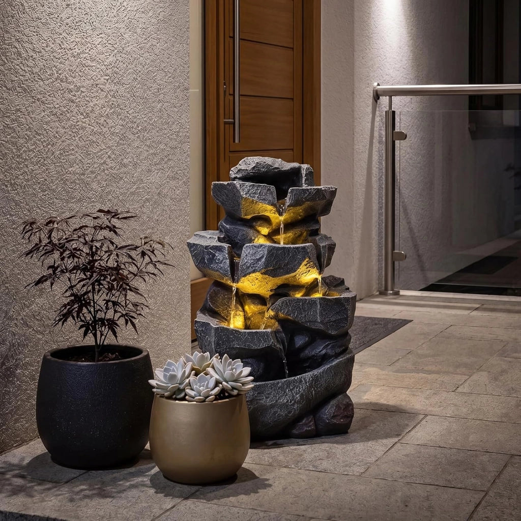 Fontana da Giardino a 5 Livelli con Luci e Flusso Regolabile | Fontanella Cascata Elettrica a Forma di Roccia con Effetto di Pietra da Terrazza e Balcone