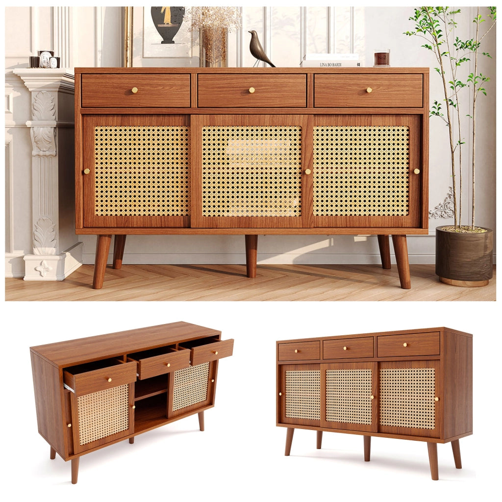 Credenza con 3 Cassetti e 3 Ante Scorrevoli; Frontali in Rattan; Ripiani Regolabili; in MDF; 120??40??78 cm; Noce
