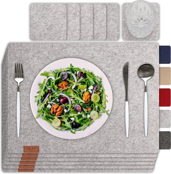 12 placemats premium in velluto, 42 x 32 cm, lavabili, sottopanchine in velluto, placemats, sottopanchine, piatti, placemats + sottopanchine per bicchieri, in legno reale, colore Manhattan Grey