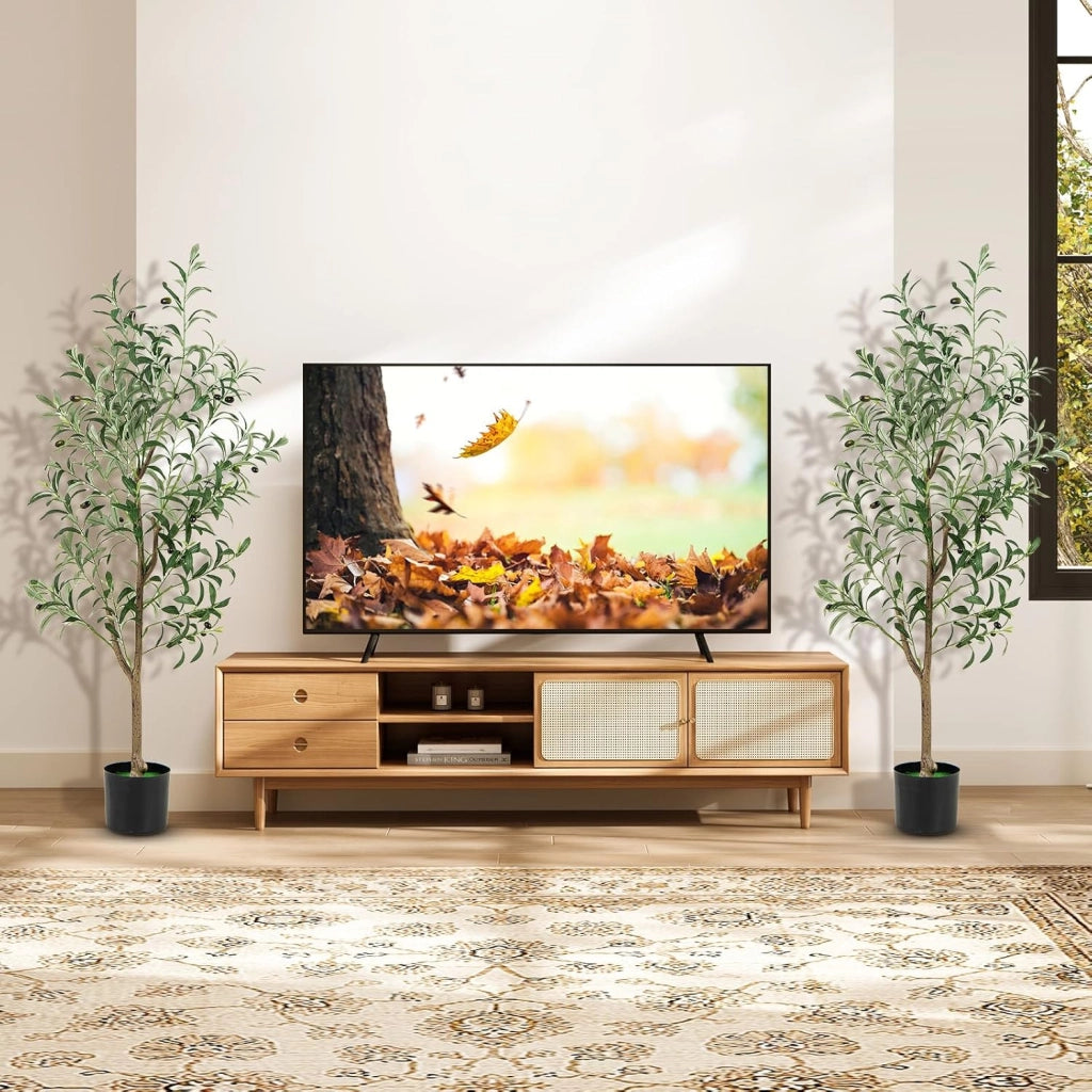 Set di 1/2 alberi di ulivo artificiali, pianta falsa da 130 cm con foglie e frutti realistici, tronco resistente in PE e base stabile, pianta decorativa per interni ed esterni (2)