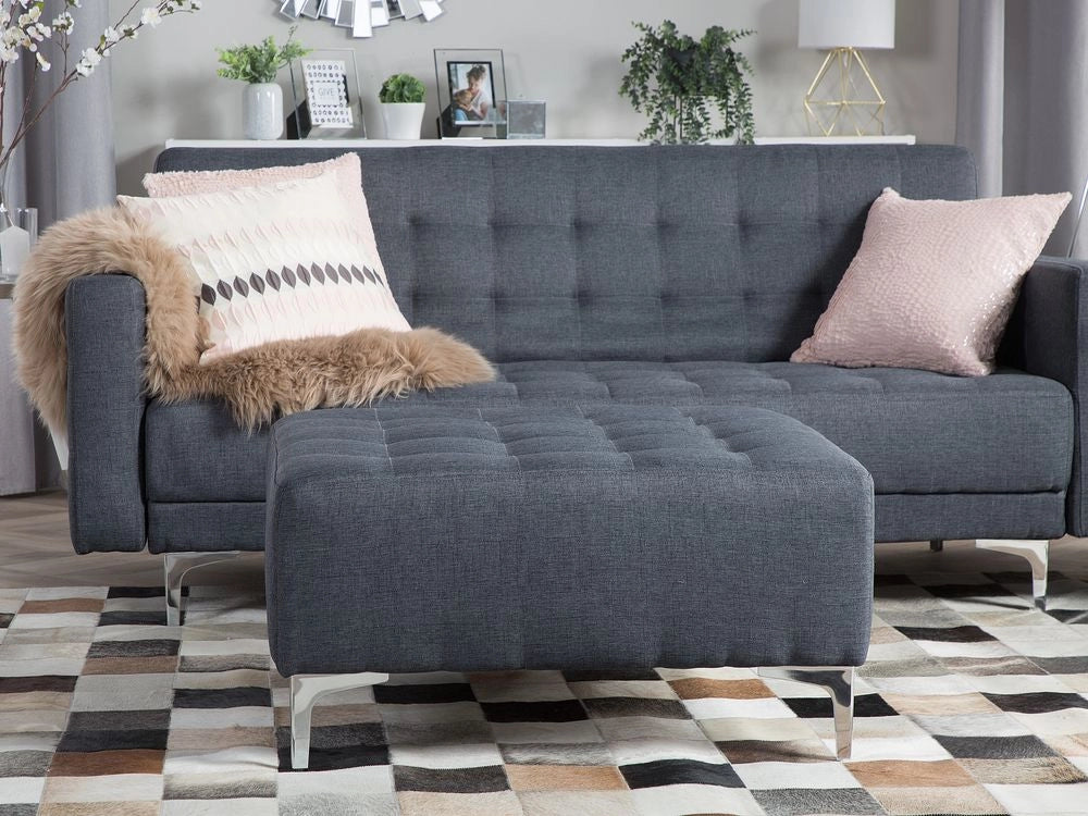 Pouf ottomana grigio tessuto trapuntato moderno soggiorno quadrato poggiapiedi gambe argento