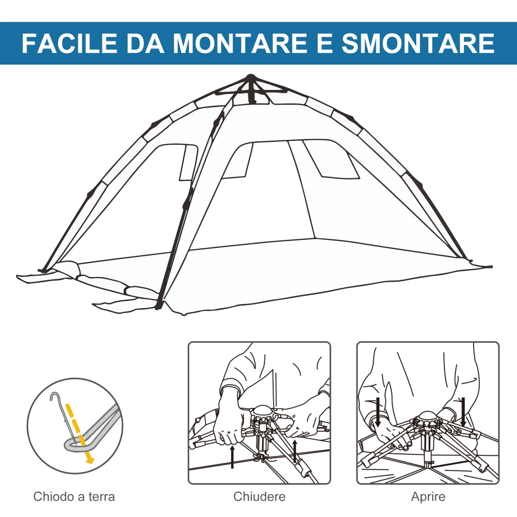 Tenda da Spiaggia Pop Up 220x173x120 cm con Porta a Cerniera in Poliestere e Fibra di Vetro Blu Cielo e Grigio