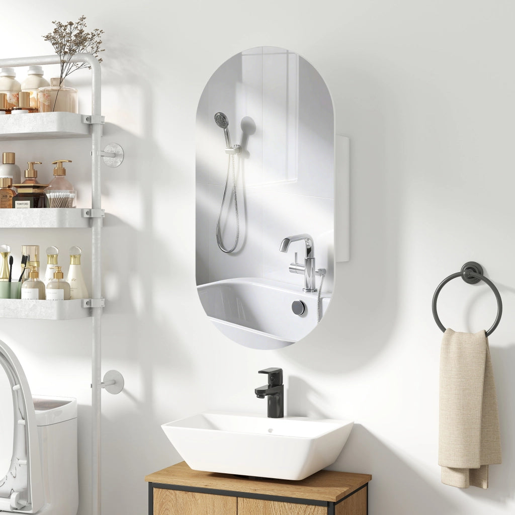 Specchio Bagno Ovale Moderno con Armadietto e Due Ripiani, 45x90 cm, Bianco
