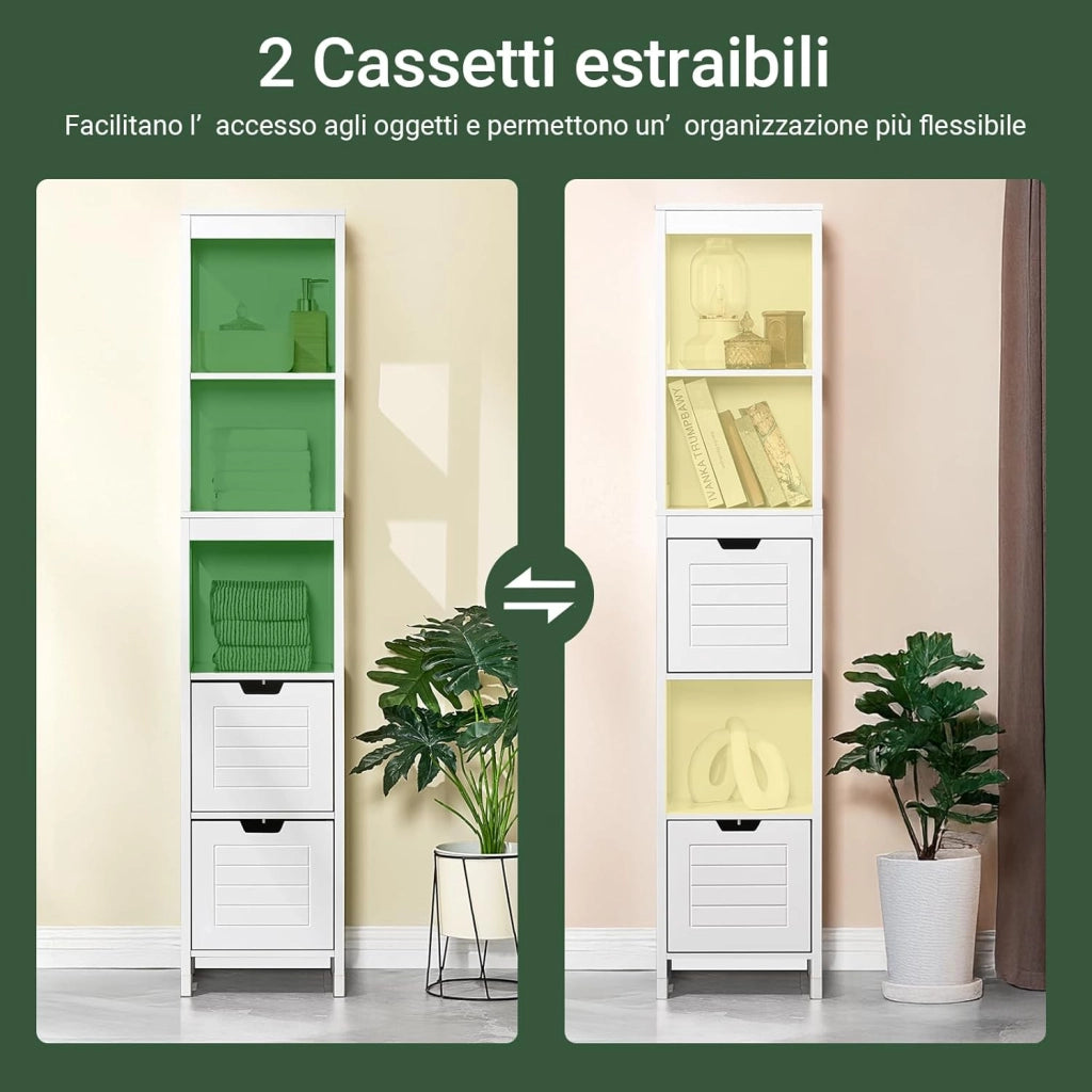 Mobile Bagno Salvaspazio Colonna Armadietto Verticale Slim con Ripiani Regolabili per Bagno Lavanderia Cucina Design Moderno Bianco Anti-Umidità 30x30x144cm FRG126-W
