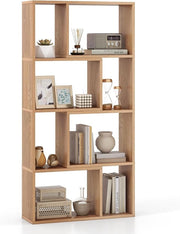 Libreria Geometrica a 4 Ripiani, Organizzatore Moderno con 8 Cubi, Mensola Espositiva a Pavimento, Mobile di Stoccaggio in Legno per Soggiorno Camera da Letto Studio, 60x20x120 cm (Naturale)