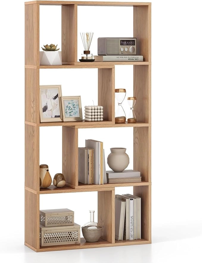 Libreria Geometrica a 4 Ripiani, Organizzatore Moderno con 8 Cubi, Mensola Espositiva a Pavimento, Mobile di Stoccaggio in Legno per Soggiorno Camera da Letto Studio, 60x20x120 cm (Naturale)