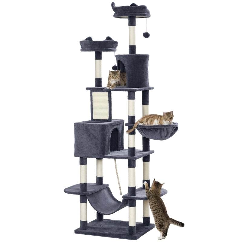 Albero tiragraffi per gatti 206 cm con 2 cucce, 2 amache, 2 palline gioco, paletti in sisal, grigio scuro