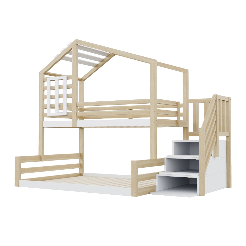 DESMIU Letto a castello 3 posti con scala contenitore, sponde e finestra 90 × 200 e 140 × 200 cm senza materasso
