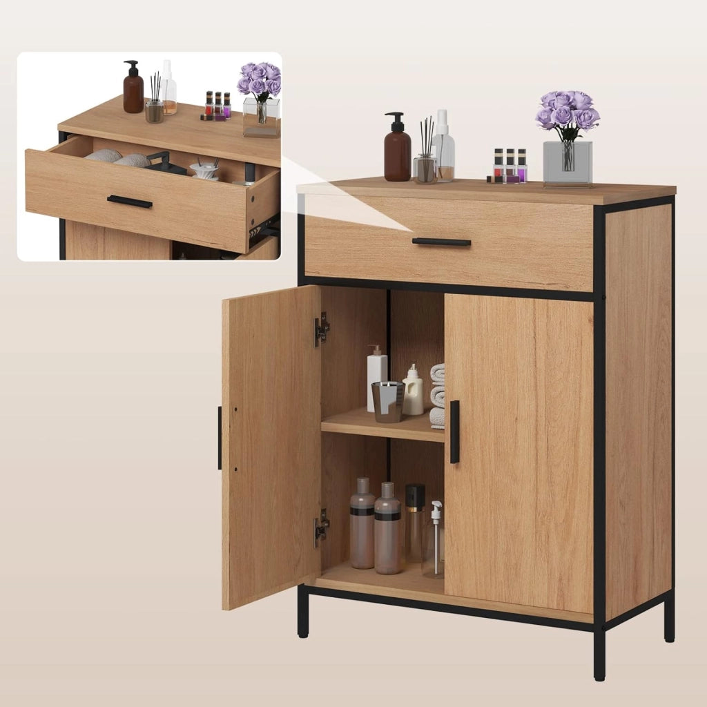 Mobile per Bagno da Terra, Armadietto da Bagno a 2 Ante in Legno e Metallo, Mobiletto Salvaspazio con Cassetto e Ripiano Regolabile, Stile Industriale, Marrone e Nero, 60x30x80 cm