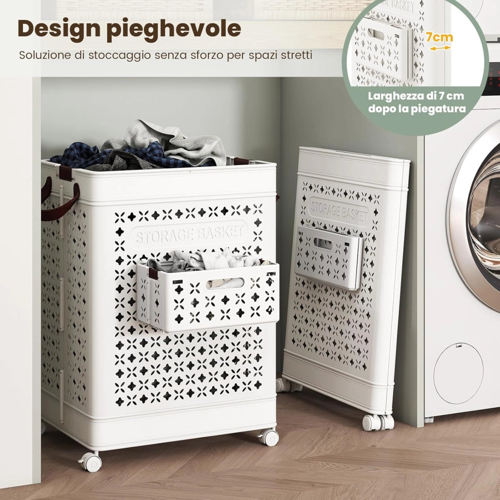 Cesto Portabiancheria Grande 75 L, Cesto in Plastica 43,5 x 34 x 61 cm con 4 Ruote e Cestino per Biancheria Intima e Maniglie, Borsa da Bucato, Bianco