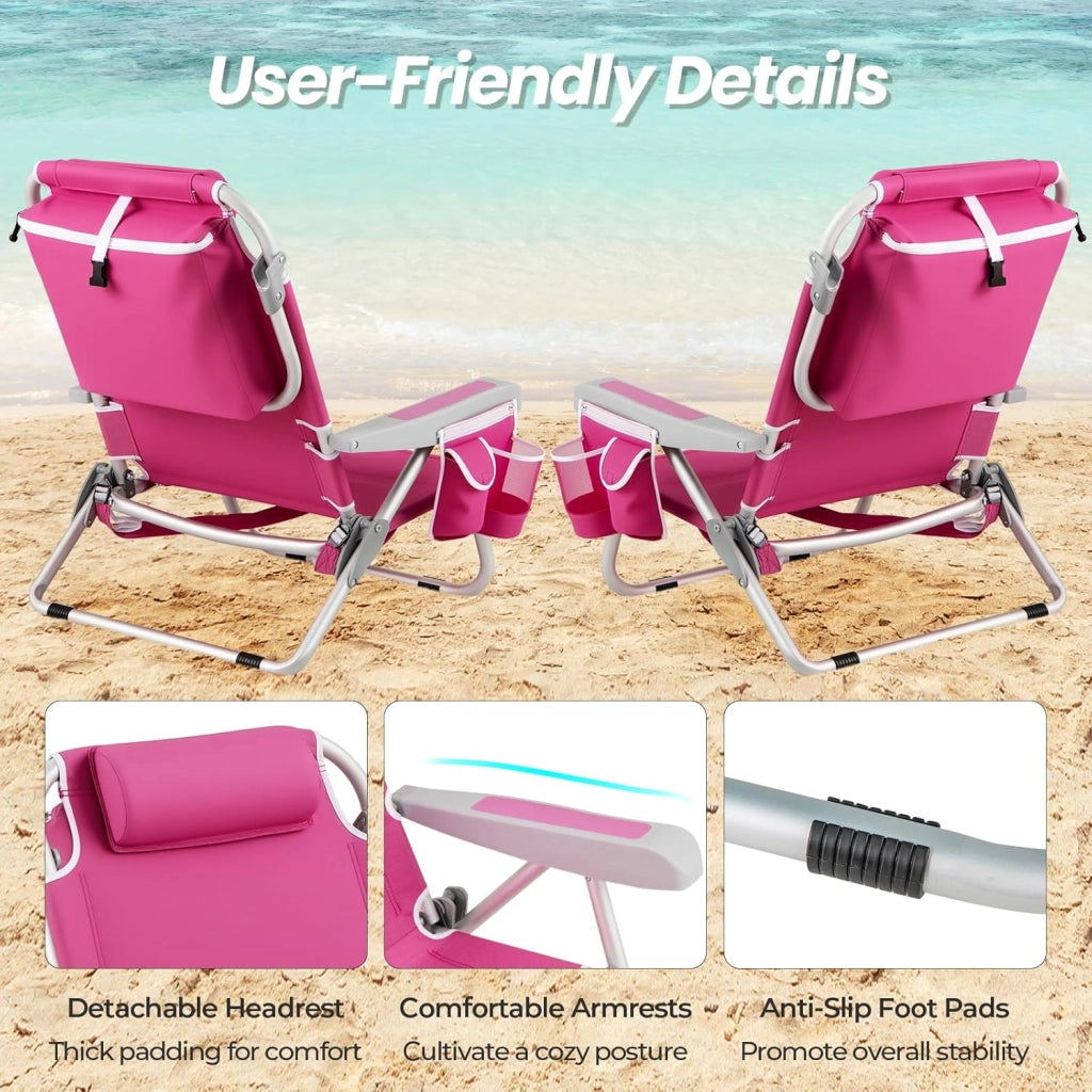 Sedia da Spiaggia Pieghevole, Spiaggina con Schienale Regolabile in 5 Posizioni, Sdraio Mare con Poggiatesta, Lettino Prendisole con Tasca Laterale, Carico 150 kg (Rosa*2)