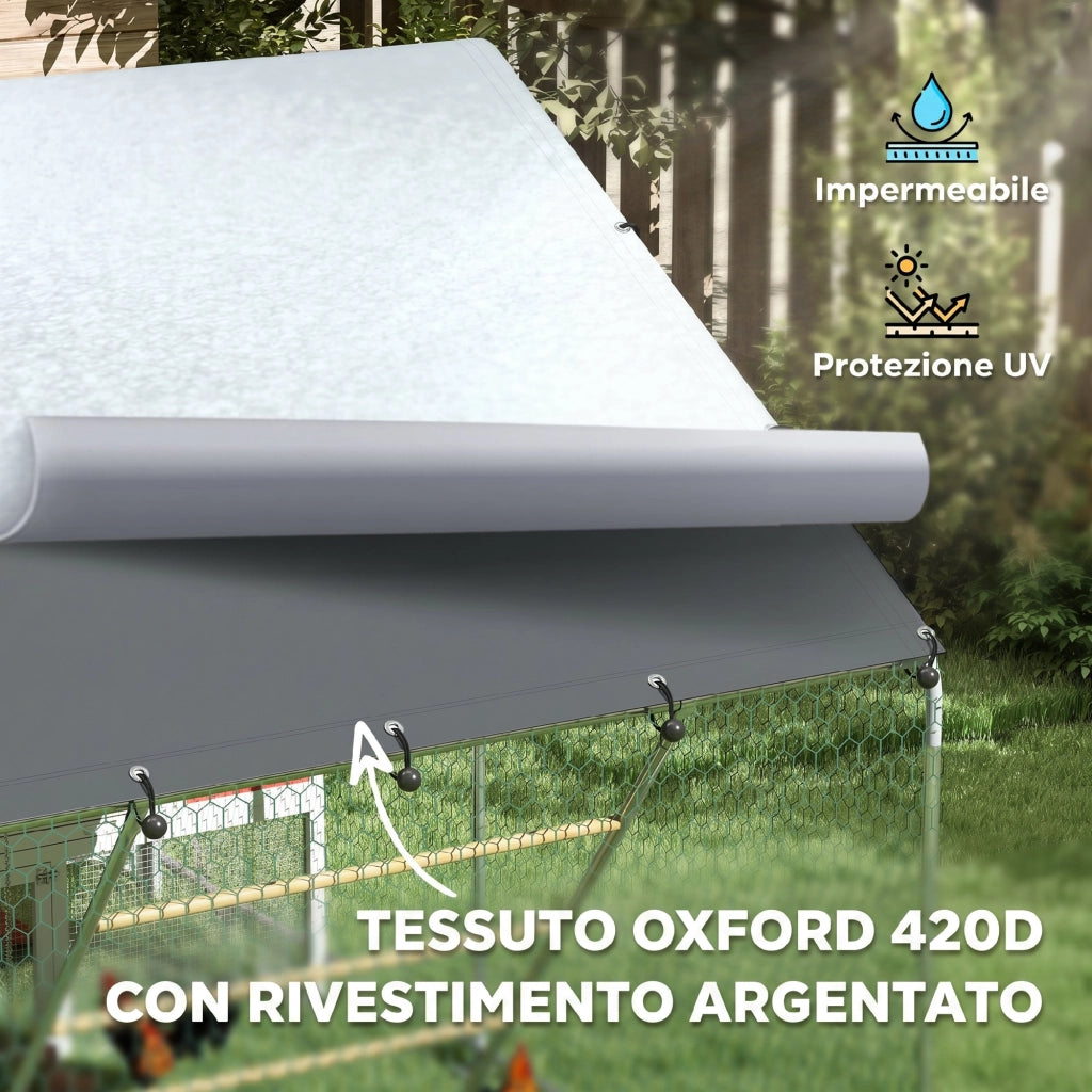 Recinto per Galline da 6m2 per 6-8 Animali con Tetto Impermeabile, Mangiatoia e Posatoio, 3x2x1.9m, Argento