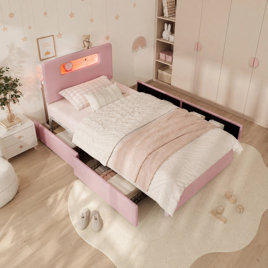 Letto imbottito rosa 90x200 cm con quattro cassetti laterali; velluto