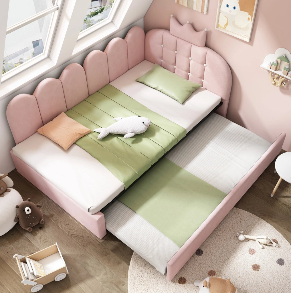 Letto daybed a L con letto estraibile 90x200 cm in velluto rosa; design corona e griglia