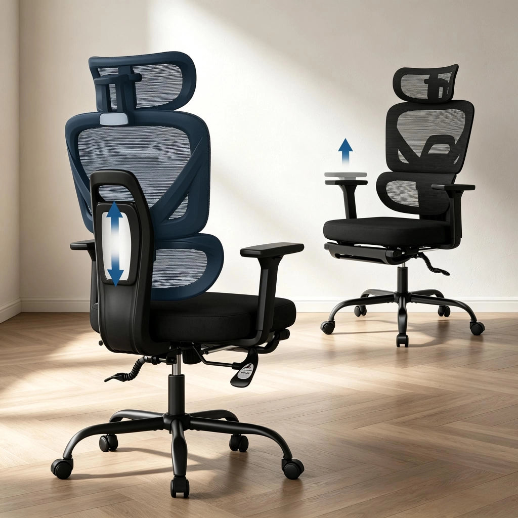 Sedia da ufficio ergonomica girevole con schienale regolabile poggiapiedi pieghevole e braccioli 3D in rete nera
