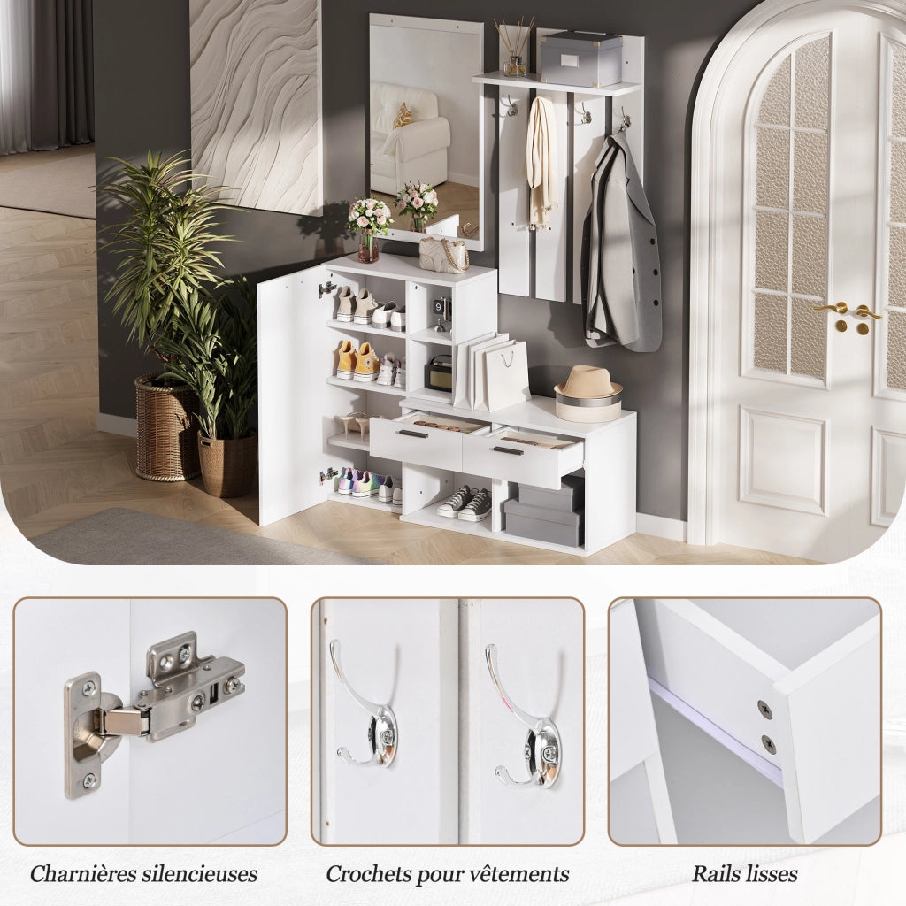 Armadio ingresso con specchio; 1 anta; 2 cassetti; 10 scomparti; 4 ganci; per ingresso; 120 Ã— 35 Ã— 175;5 cm