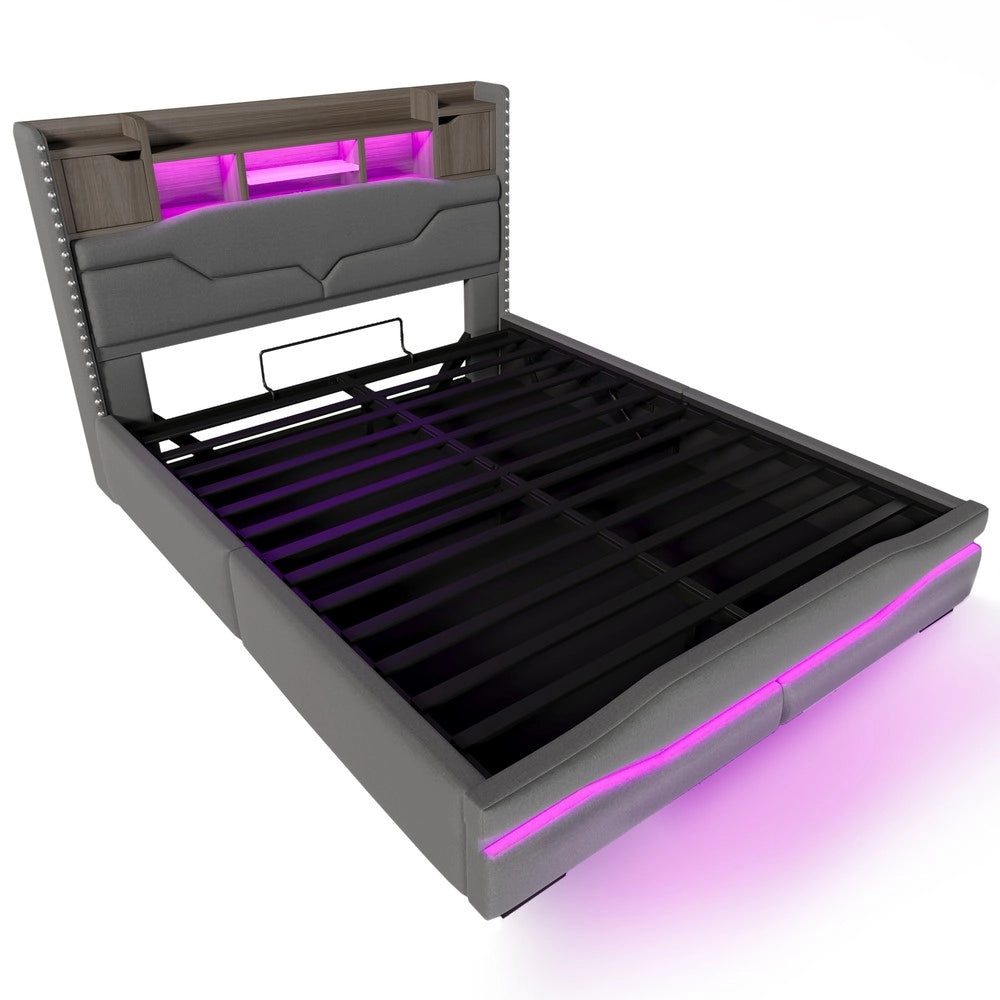 Letto Imbottito Contenitore con LED e USB ¨C MINIMAL ¨C Grigio 160x200