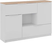 Cassettiera per camera da letto Betti, Bianco/Sonoma, 120 x 83.6 cm 2x porta, 2x cassetto e 1x scomparto aperto, per la conservazione e l'organizzazione di oggetti di uso quotidiano