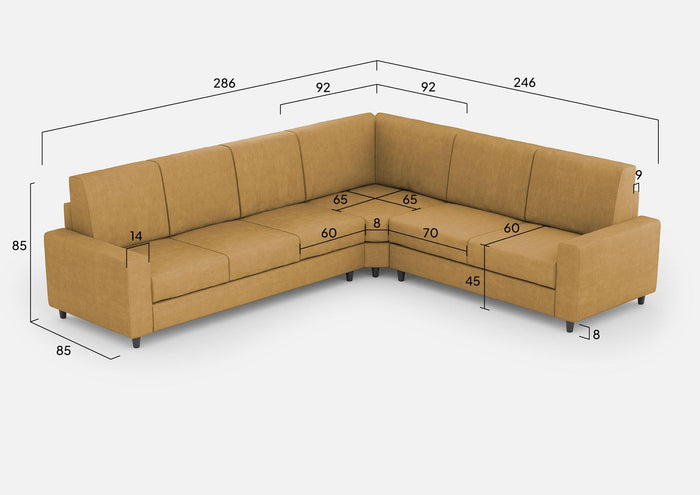 Divano Angolare 6 Posti 286x246x85 cm Sakar in Tessuto Ocra