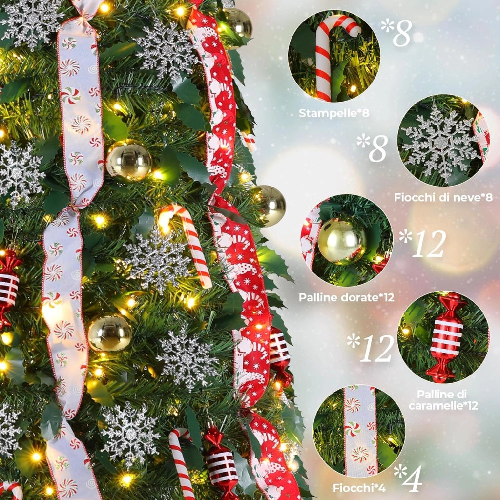 150cm Albero di Natale Pop Up, Albero di Natale Artificiale con 120PCS Luci LED, 11 Modalità di Illuminazione, Albero di natale Pieghevole, Salvaspazio, con Palline di Natale, Nastri