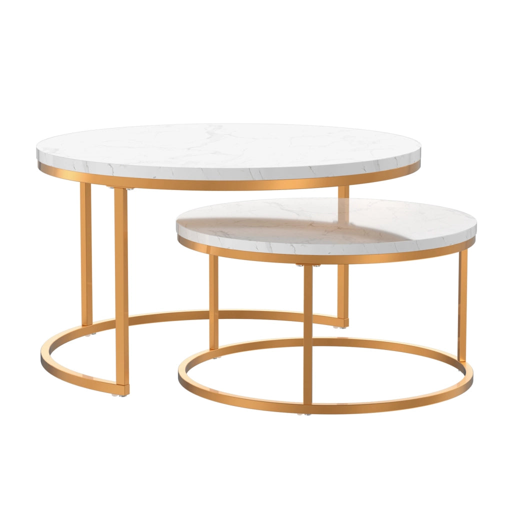 Set di 2 tavolini da salotto impilabili 80x45 cm e 60x33,5 cm bianco e oro effetto marmo