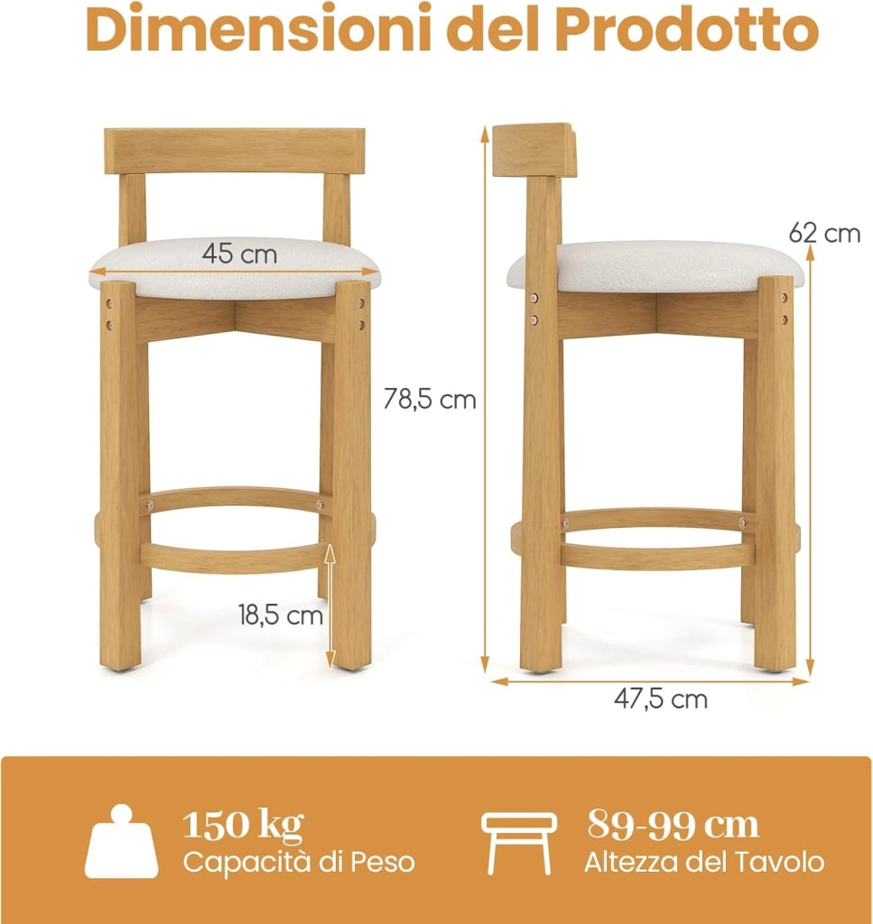 Set da 2 Sedie da Pranzo, Sedie Moderne da Bar Imbottite in Velluto Teddy con Schienali e Poggiapiedi, Sgabelli Senza Braccioli per Isola Cucina e Sala da Pranzo, Portata 150 kg