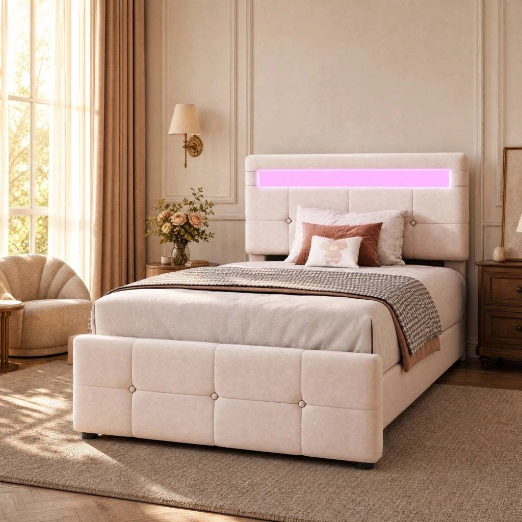 Letto imbottito singolo 90x200 cm con LED e contenitore beige
